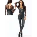 Black Sexy Mesh and Leather bodysuit M7217