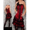 red satin embroidered lace corset with skirt M1605A