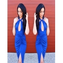 Royal Blue Front Keyhole Crossover Neck Bodycon Dress M30033a