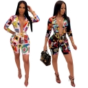 Sexy Casual 2 Two Piece Set Printing Coat + Hot Pants m8426