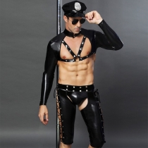 Men Sexy Wet Look PVC Leather Cosplay Police uniform N965