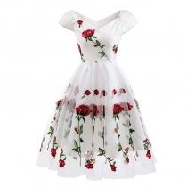 White And Black Mesh Sexy Transparent Rose Elegant Women Evening Print Dresses CD1609