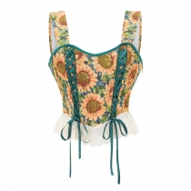Sexy Lace Trim Sunflower Embroidery Straps Corset Cami Cropped Top M22061