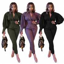 Puff Sleeve Top Plus Size Two Piece Outfi Sets Women M039