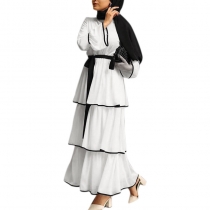 Plus Size Waist Strap Cake Flared Long Sleeve Black And White Casual Dress 1912