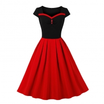 Fashion V-neck Dress Waist Short-Sleeved Folk Dance Swing Mid-Length Dress 5098