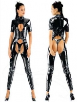 Short-sleeved black leather catsuit m7173