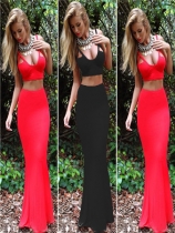 Two piece red low-cut sleeveless maxi evening dress M30045