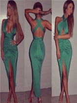 Green Front Keyhole Crossover Neck Bodycon Dress M30033c