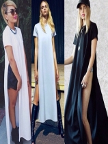Three Colors Short Sleeves Coat Design Maxi Long Dress M3845