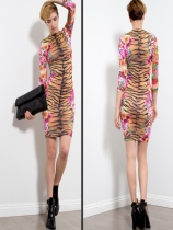 Floral And Leopard Pattern Long Sleeves Bandage Bodycon Print Dress M3813