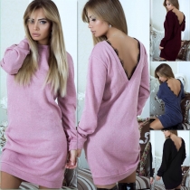 Women Long Sleeve Backless V Neck Lace Patchwork Sweater Dress M30413