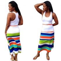 Summer high waist rainbow striped sleeveless beach wear dress