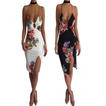 Sexy Lady Summer Deep V Neck Halter Floral Print Strap Dress