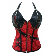 Red color corset Zipper Front leather cup top corset Halter design chain 14 steel boned corset