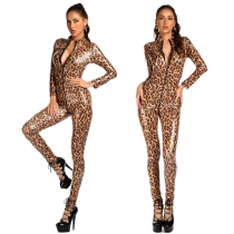 Women Sexy Wetlook Faux Leather Leopard Bodycon Bodysuit XX6801