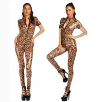 Short Sleeve Women Sexy Leopard Bodysuit Wet Look Faux Leather Catsuit XX68012