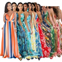Fashion Ladies Summer Print Floral Boho V Neck Beach Casual Maxi Dresses Long M8212