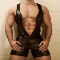 Men Sexy Lingerie Bodysuit Faux Leather Zipper Catsuit  N973