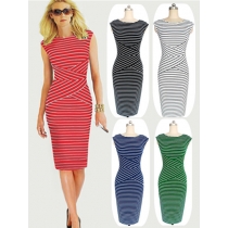 Adult Women Midi Stripe Pattern OL Tight Dress M30207