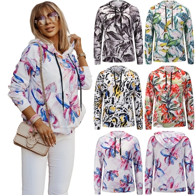 Coat Jacket Floral Print Long-Sleeved Pullover Casual Women Hoodies Fashionable LQ156