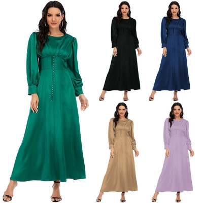 Woman Soft Long Sleeve Shapewear Elegant Satin Maxi Muslim Dress 21412