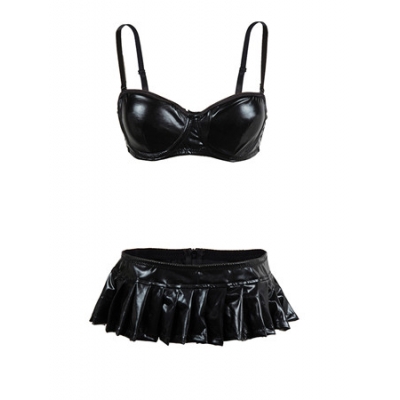 Women Sexy Faux Leather Bra Top Shorts Mini Dress Set M7296