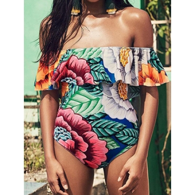 New style ruffle-shoulder  one piece colorful flower print swimwear 17076