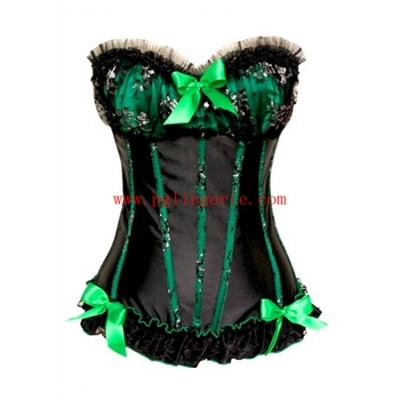 sexy black satin corset with green strips 1888D
