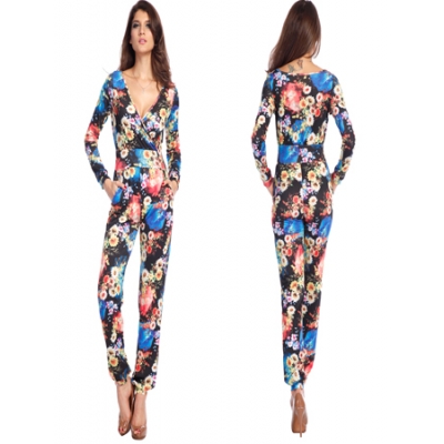 Hot Clubwear Ladies Bandage Bodycon Floral Print Jumpsuit M3744d
