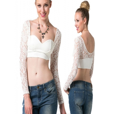 White low-cut long sleeve lace clubwear tops M30044a