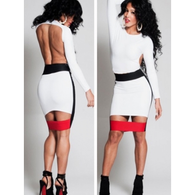 White Hollow Out Backless Long Sleeves Wholesale Bandage Bodycon Midi Dress M3837