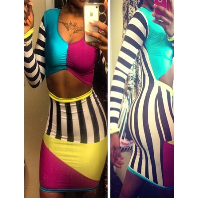 Stripe Hollow Out Long Sleeves Bandage Adult Bodycon Dress M3827