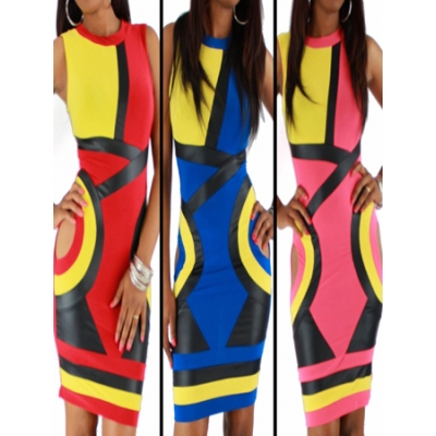 Pink,Blue And Red Hollow Out Sleeveless Bandage Bodycon Dress M3821
