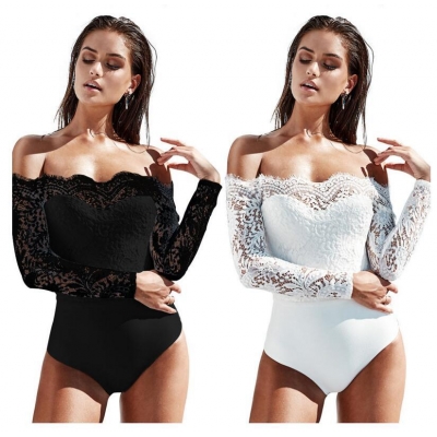 Sexy Off Shoulder Mesh Lace Skinny Bodysuit Top M2147
