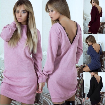 Women Long Sleeve Backless V Neck Lace Patchwork Sweater Dress M30413