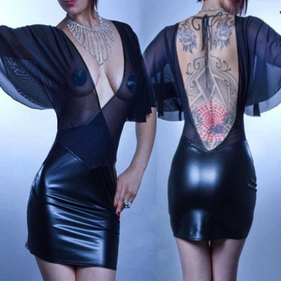 Women faux leather sexy see through mesh mini dresses M3643