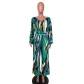 Fashion Sexy V-neck Long Sleeved Printed Wide Leg Jumpsuit For Women YM8631