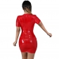 Zipper PU Package Hip Skirt Short Sleeves Leather Corset  V Neck Sexy Dress  51482