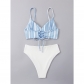 Women Blue White Wtriped Bikini Split Body Strap Swimsuit A2208
