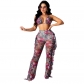 Women Halter Tether Printed Summer Two Piece Pants Set Bikini  M8597