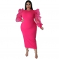 Sexy Women Solid Color Yarn Sleeve Plus Size Dress 9416