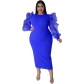 Sexy Women Solid Color Yarn Sleeve Plus Size Dress 9416