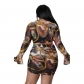 Women Printed Long Sleeved Hip Sexy Drawstring Dress Two Piece Set 8618