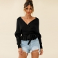 Long Sleeve Knitted Sexy Pull Over V-Neck Short Top Sweater LQ152