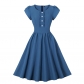 Vintage Women Bubble Short Sleeve Button Design Big Swing Mid Length Dress 5043