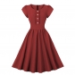 Vintage Women Bubble Short Sleeve Button Design Big Swing Mid Length Dress 5043
