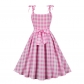 Sexy Halter Pink Plaid Women Casual Sweet Bow Barbie Midlength Dress 5170
