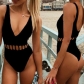 Deep V Neck Sexy Black White Women Hollow Out One Pieces Swimsuit XM1001