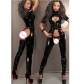 Short-sleeved black leather catsuit m7173